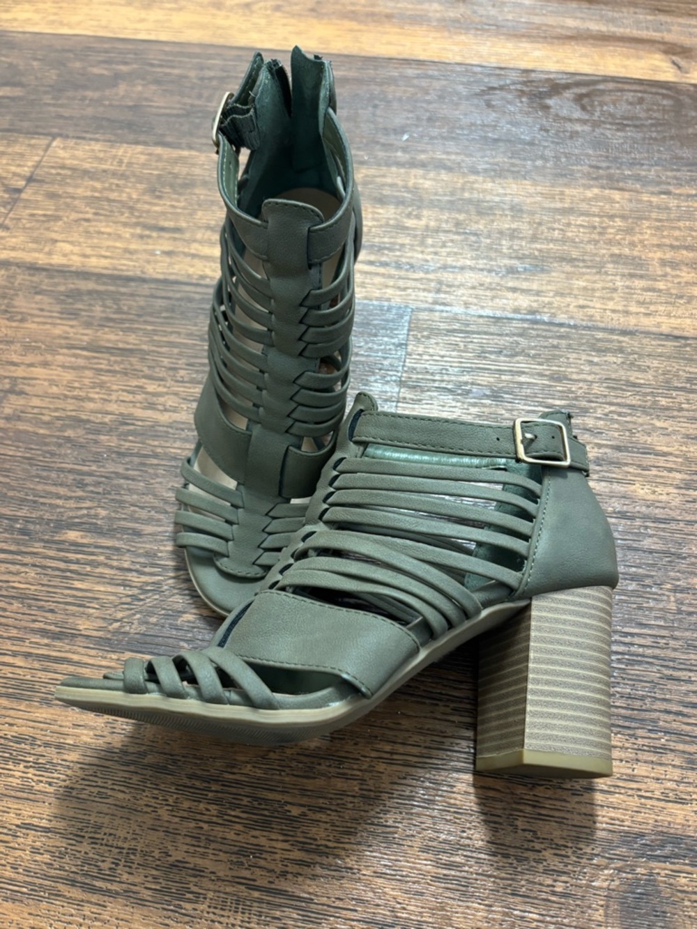 Olive Strappy Block Heel Sandals with Ankle Buckle